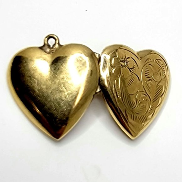 10k Solid Yellow Gold Heart Pendant Locket with Flower Designs - Picture 4 of 5